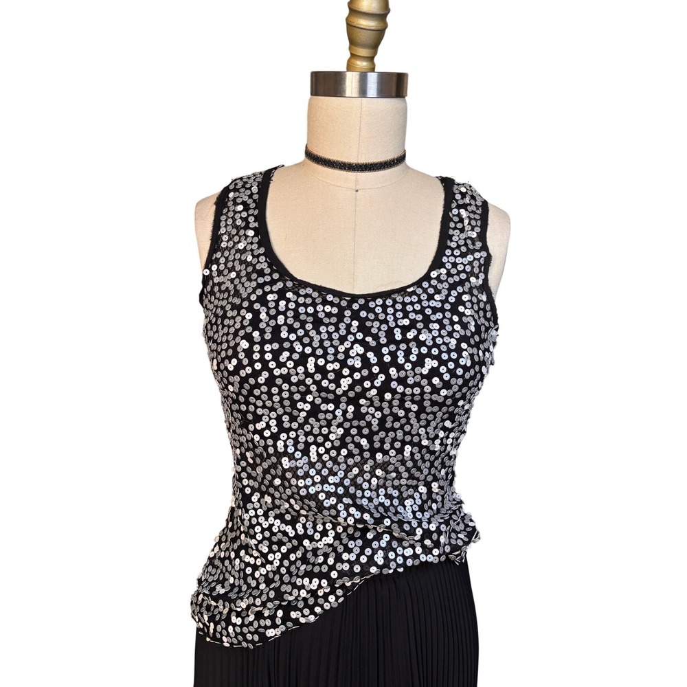 Sequin Mesh Cage Back Love Stitch Tank Top Small Black Silver